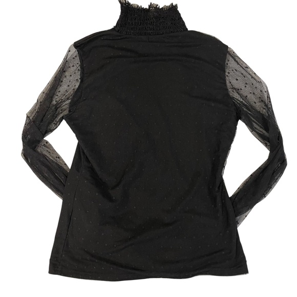 Pink Lily Black Sheer Polka Dot Mesh Sleeve Smocked Mock Neck Top M - Picture 3 of 6